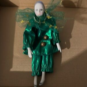 Green and Gold Harlequin Doll euc